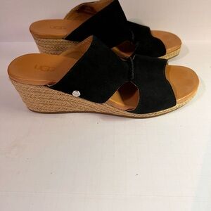 UGG Eirene Espadrille Wedge Sandals Black Suede Size 6 1/2